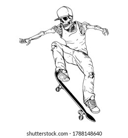 tattoo and t-shirt design black and white hand drawn skeleton skaters premium vector