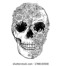 tattoo and t-shirt design black and white hand drawn skull with rose flower premium vector