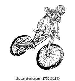 tattoo and t-shirt design black and white hand drawn skeleton with BMX bike premium vector