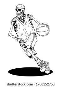 tattoo and t-shirt design black and white hand drawn skeleton basketball premium vector