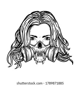 tattoo and t-shirt design black and white hand drawn illustration women with skull mask premium vector