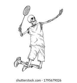 tattoo and t-shirt design black and white hand drawn badminton skeleton premium vector