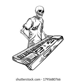 tattoo and t-shirt design black and white hand drawn keyboardist skeleton premium vector