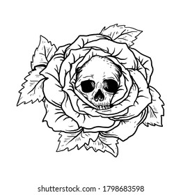 tattoo and t-shirt design black and white hand drawn skull rose premium vector