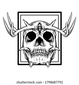tattoo and t-shirt design black and white hand drawn devil skull with deer horn premium vector