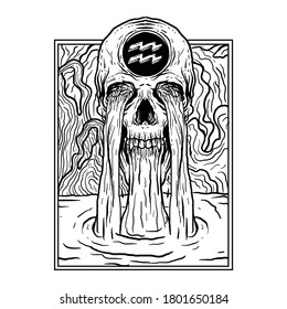 tattoo and t-shirt design black and white hand drawn aquarius skull zodiac premium vector