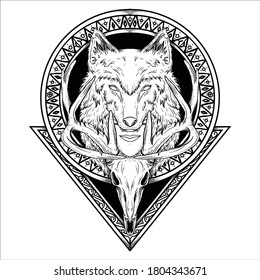 tattoo and t-shirt design black and white hand drawn wolf human deer circle and triangle engraving ornament premium vector