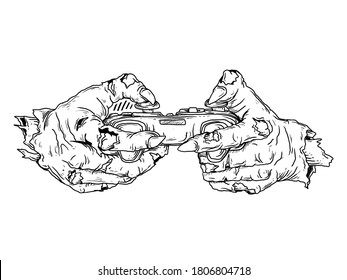 tattoo and t-shirt design black and white hand drawn zombie hand with controller game premium vector