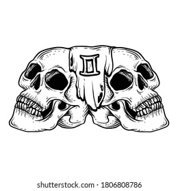 tattoo and t-shirt design black and white hand drawn gemini skull zodiac  premium vector