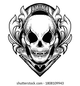 tattoo and t-shirt design black and white hand drawn alien skull engraving ornament premium vector