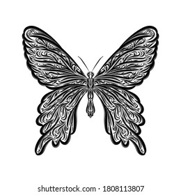 tattoo and t-shirt design black and white hand drawn butterfly engraving ornament premium vector