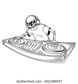 tattoo and t-shirt design black and white hand drawn skeleton dj premium vector