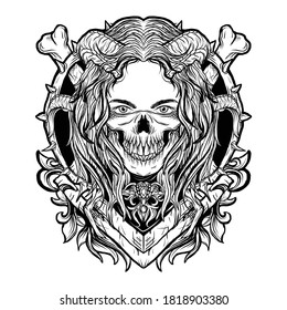 tattoo and t-shirt design black and white hand drawn illustration devil women with skull mask engraving ornament premium vector