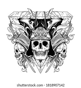 tattoo and t-shirt design black and white hand drawn illustration samurai skull head engraving ornament premium vector