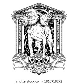 tattoo and t-shirt design black and white hand drawn illustration cerberus engraving ornament premium vector