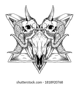 tattoo and t-shirt design black and white hand drawn illustration baphomet satanism goat skull  engraving ornament premium vector