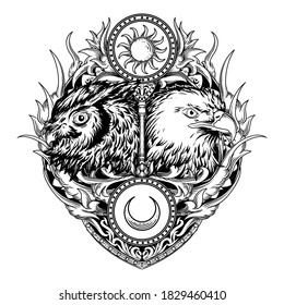 tattoo and t-shirt design black and white hand drawn owl and eagle engraving ornament premium vector