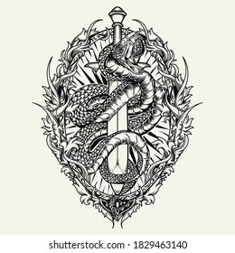 tattoo and t-shirt design black and white hand drawn snake and sword engraving ornament premium vector