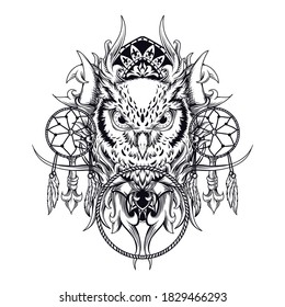 tattoo and t-shirt design black and white hand drawn owl and dream catcher engraving ornament premium vector