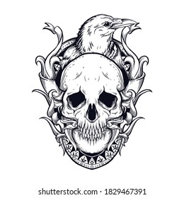 tattoo and t-shirt design black and white hand drawn skull and crow engraving ornament premium vector
