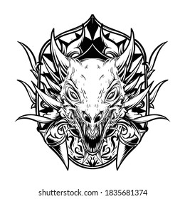 diseño de tatuajes y camisetas dragón dibujado a mano en blanco y negro con adorno grabado