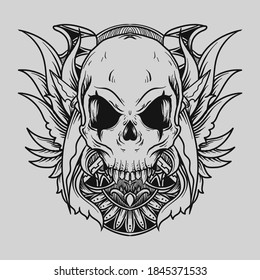 tattoo and t-shirt design black and white hand drawn skull engraving ornament premium vector