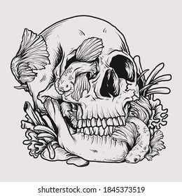 tattoo and t-shirt design black and white hand drawn skull and beta fish  premium vector