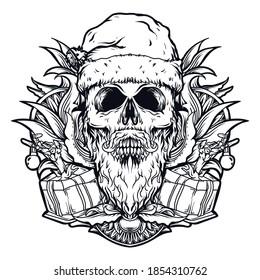 tattoo and t-shirt design black and white hand drawn santa claus skull engraving ornament premium vector