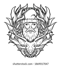 tattoo and t-shirt design black and white hand drawn santa claus with deer engraving ornament premium vector