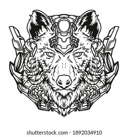 tattoo and t-shirt design black and white hand drawn robot wolf premium vector