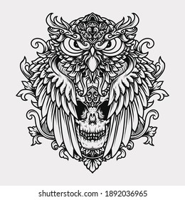 tattoo and t-shirt design black and white hand drawn owl and skull engraving ornament premium vector