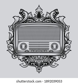 tattoo and t-shirt design black and white hand drawn classic radio engraving ornament premium vector