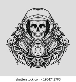 tattoo and t-shirt design black and white hand drawn astronaut skull engraving ornament