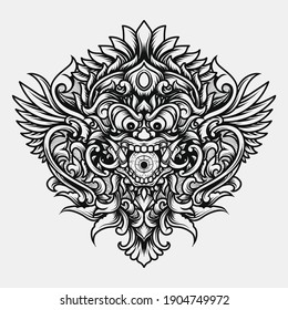tattoo and t-shirt design black and white hand drawn barong engraving ornament