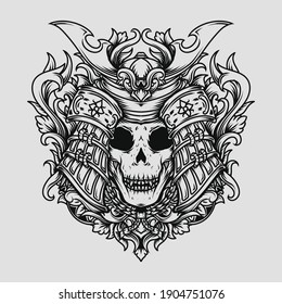 tattoo and t-shirt design black and white hand drawn samurai skull engraving ornament