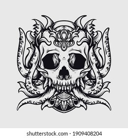 tattoo and t-shirt design black and white hand drawn octopus skull   engraving ornament premium vector