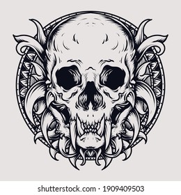 tattoo and t-shirt design black and white hand drawn monster skull   engraving ornament premium vector