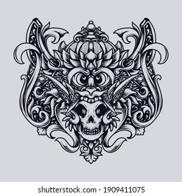 tattoo and t-shirt design black and white hand drawn balinese barong and skull  engraving ornament premium vector