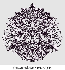 tattoo and t-shirt design black and white hand drawn illustration balinese barong x japanese oni mask engraving ornament 