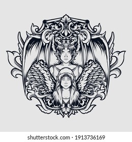 tattoo and t-shirt design black and white hand drawn illustration devil and angel engraving ornament 