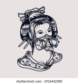 tattoo and t-shirt design black and white hand drawn geisha with gas mask