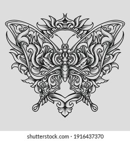 tattoo and t-shirt design black and white hand drawn butterfly engraving ornament