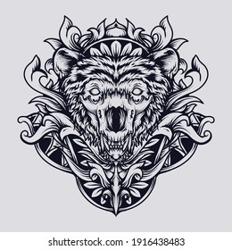 tattoo and t-shirt design black and white hand drawn bear skull engraving ornament