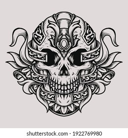 tattoo and t-shirt design black and white hand drawn illustration skull engraving ornament