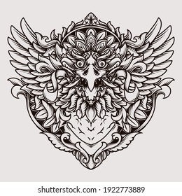 tattoo and t-shirt design black and white hand drawn illustration garuda barong engraving ornament