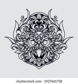 tattoo and t-shirt design black and white hand drawn illustration owl head engraving ornament