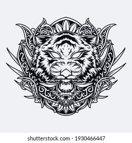 tattoo and t-shirt design black and white hand drawn illustration tiger head engraving ornament