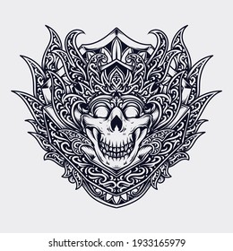 tattoo and t-shirt design black and white hand drawn king skull engraving ornament