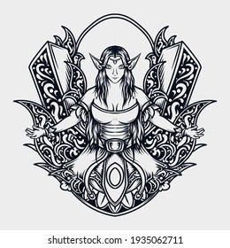 tattoo and t-shirt design black and white hand drawn illustration elf engraving ornament