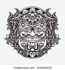 tattoo and t-shirt design black and white hand drawn illustration daruma engraving ornament